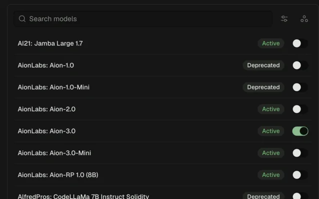 Hanoki provider settings with a searchable list of models to enable