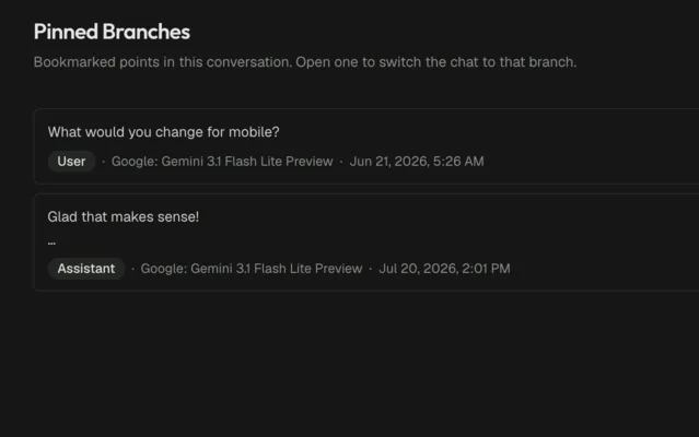 Hanoki's pinned branches panel listing bookmarked points in a conversation