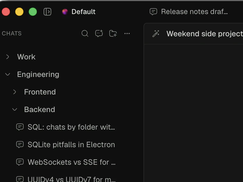 Hanoki's sidebar with chats grouped into nested folders