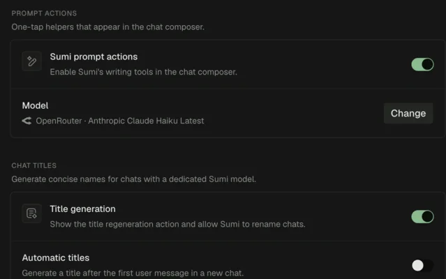 Hanoki's Sumi settings with toggles for prompt actions and title generation